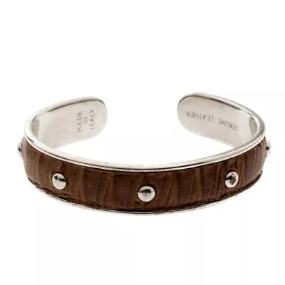 Tod's Brown Embossed Leather Silver Tone Studded Narrow Cuff • $115.50