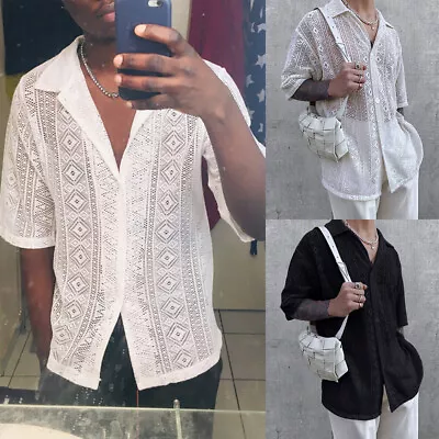 Mens Short Sleeve See Through Lace Sheer Shirt Casual Party Holiday Blouse Tops • £13.39