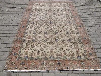 Vintage Turkish Rug Beige Floral Oushak Rug Hand Made Wool Area Rug Muted Carpet • $349
