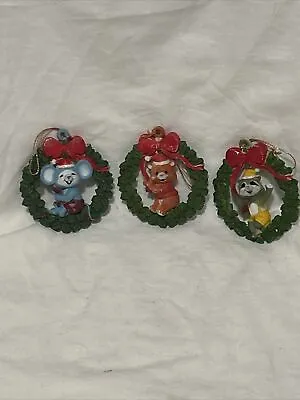 Vintage Critter Wreath Ornaments Set Of 3Hand Painted Animals Bear Mouse Racoon • $13.85