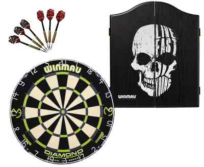 Winmau MVG Diamond Plus Dart Board + Winmau New Skull Dartboard Cabinet + Darts • $299.95
