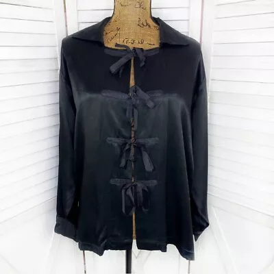 Basic Designs Womens Satin Tie Front Shirt Jacket Black Large One Size • $19.85