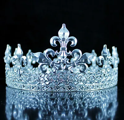 Medieval Full King Silver Metal Crown Rhinestone Crystal Fleur-De-Lis Men H919S • $18.99