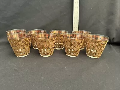 Vintage Culver Canella 22K Lowball Glasses Set/8 Gold Lattice Basket Weave MCM • $225