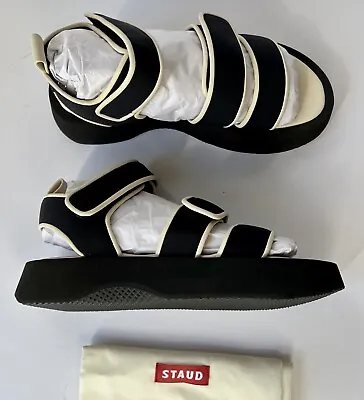 $195 • Buy STAUD Women's $425 Crew Leather Trim Sandals Black/White 7 Medium US