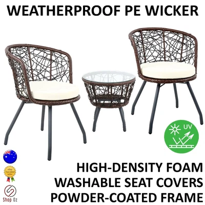 $267.02 • Buy New 3pc WICKER OUTDOOR ROUND TABLE CHAIR SET Patio Garden Furniture 2 Setting
