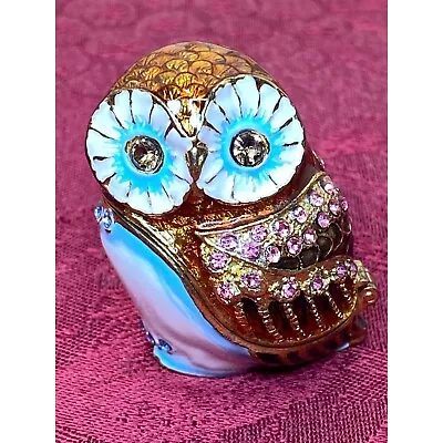 Owl Jeweled Trinket Hinged Box Amber Blue Pink Rhinestones 1 3/4  X 1 1/2  • $15