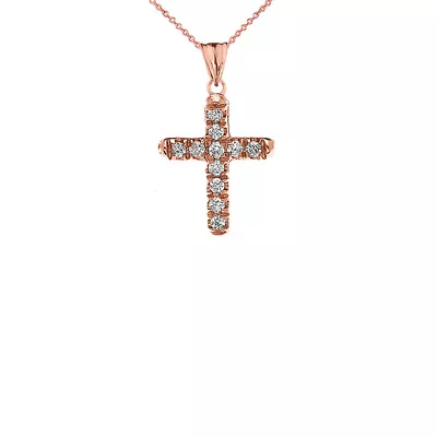 14k Rose Gold Mini Elegant  Diamond Cross Pendant Necklace • $89.99