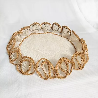 Vinyl Lace Placemat Ruffle Cone Crochet Edge Glitter Gold Yarn 70s Vintage • $16