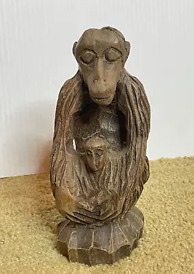 Vintage Wood Hand Carved Mother Monkey With Baby Figurine Folk Art Statue 6.5  • $19.99