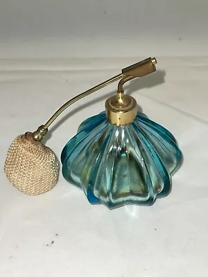 Vintage I.W. Rice Aqua Blue Colored Feathered Art Glass Perfume Bottle Atomizer • $19.87