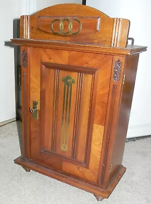 Antique Art Nouveau Fruitwood & Brass Wall Cabinet. • $1295