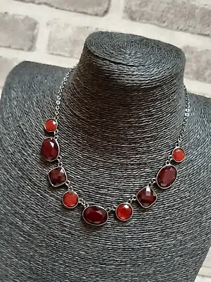 M&S Grey Silver Tone Red Stone Flat Classic Statement Necklace Dainty Classic • £4.99