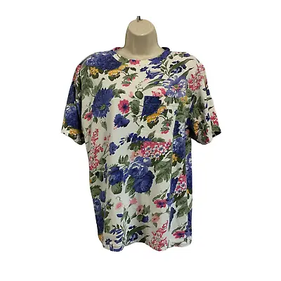 Vintage Currants Womens Floral Tee Shirt Top Medium Padded Colorful Crew Neck • £9.95