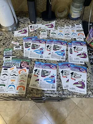 Huge Lot Of 60 Kids Birthday Party Favor  Temporary Tattoos Mustache Hand Puppet • $13.49