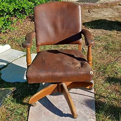 Murphy Office Desk Chair Leather Wood Vintage Wheels • $125