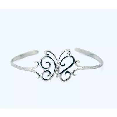 Vintage Sterling Silver 925 Butterfly Bangle Bracelet With CZ Accents Open Back • $45