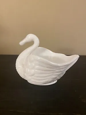 Vintage Imperial Glass Swan Candy Dish Bowl Open Back White Milk Glass 4  Tall • $15