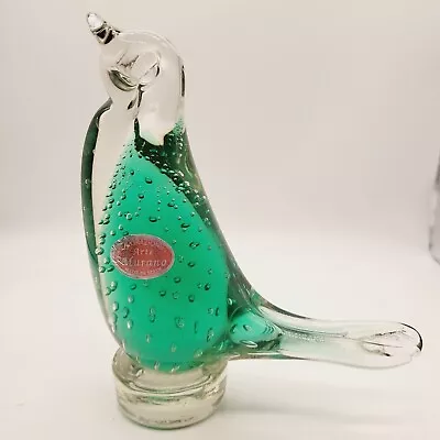 Vinrage Murano Style Art Glass Paperweight Green Bird Figurine With Base 5  Tall • $32