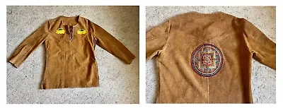 Vtg Native American Mountain Man Buckskin Leather Hippy Rendezvous Shirt Patches • $149