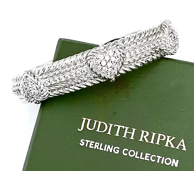 JUDITH RIPKA Sterling Silver Pave DIAMONIQUE HEART Hinged Cuff Bracelet~NEW! • $120