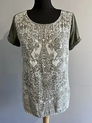 T Shirt M&S Size 8 Khaki/white Round Neck Short Sleeve Paisley Pattern Womens • £7.99