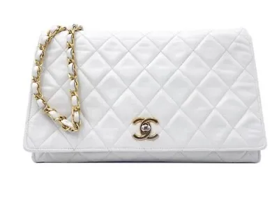 Auth CHANEL Classic White Gold Flap CC Vintage Purse Handbag Bag Crossbody Chain • $2399