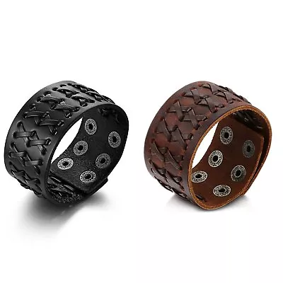 Men's Punk Wide Braided Leather Cross Bracelet Bangle Cuff Wristband Adjustable • $9.59