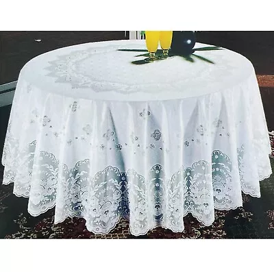 60 X60  Round White Vinyl Tablecloth Floral Laced Table Cloth Cover Waterproof • $17.99