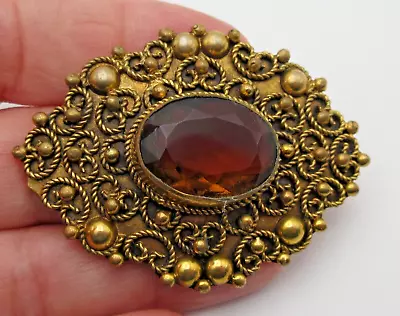 Vintage Granulated Gold Plated Topaz Glass Pin Brooch Trombone Clasp Italy • £4.02