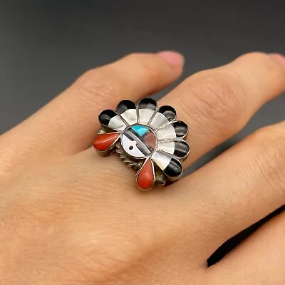 Vintage Zuni Sun Face Kachina Turquoise Coral MOP Sterling Silver  Ring Size 5.5 • $95