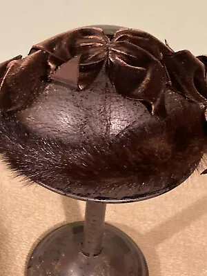 Vintage Ladies Headband Hat / Mink Fur Brown Velvet Bows Netting / 50's • $32.74