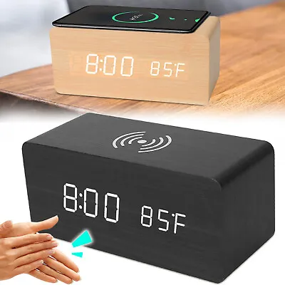 Wooden Digital LED Desk Alarm Clock With Wireless Charging Voice/Sound Control • $21.56