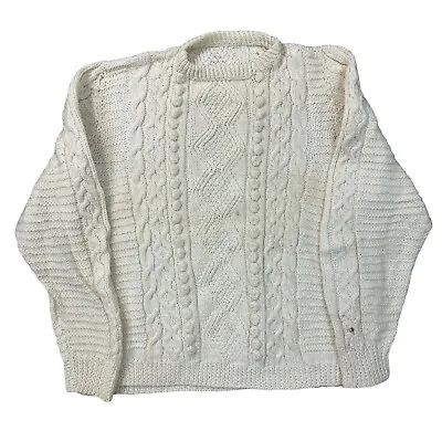 Vintage Aran Hand Knit Jumper 100% Wool Cream Fishermans Cable Beige Mens 2XL • $49.77