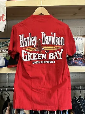 Harley Davidson Henley Green Bay WI T Shirt Medium 90s Single Stitch Vintage • $27