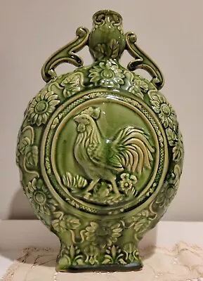 Vintage Majolica European Green Glaze Porcelain Rooster Flowers 14.25  Jug Flask • $75