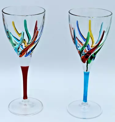 CC ZECCHIN STYLE MURANO Multicolor Crystal Wine Glasses  ITALY 8.25  - Set Of 2 • $44.99