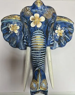 Carved Wooden Elephant Head Wall Mounted Art Large 40 Cm Shabby Blue Colour • £41.99