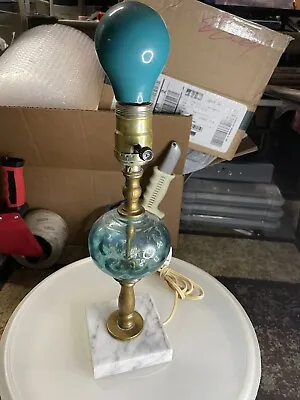 Vintage Blue Glass Bubble Band Lamp Marble Base Art Deco MCM Brass TABLE • $47.99