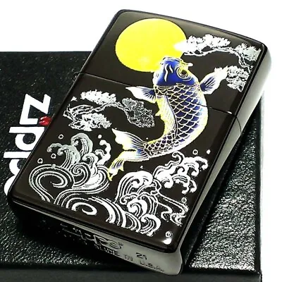 Zippo Oil Lighter Japanese Pattern Carp Full Moon Jump Fish Black Brass Japan • £109.95
