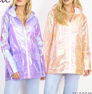 £9.59 • Buy IRIDESCENT Womens Rain Mac Waterproof Holographic Raincoat Ladies Jacket MATALIC