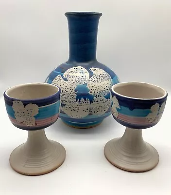 Pacific Stoneware Pottery Wine Caraf Decanter W/goblets Signed B Welsh 1972 Blue • $49.95