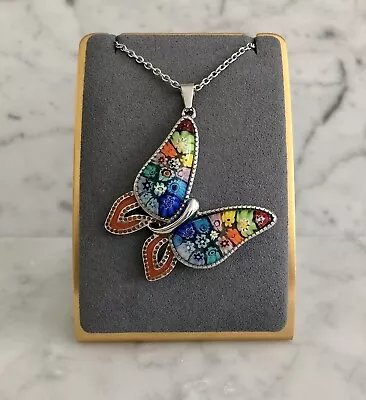 Murano Style Glass And Enamel Sideway Butterfly Necklace Stainless Steel 20  • $10