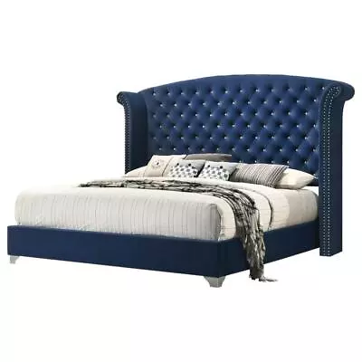 Pacific Blue Velvet Crystal Tufted King Bed Bedroom Furniture  • $699