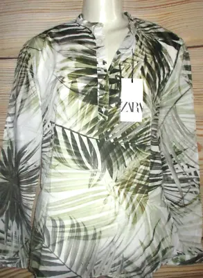 Mens Zara Half Button Nehru Collar Leaf Print Tropical Relaxed Fit Shirt Size M • $36.90