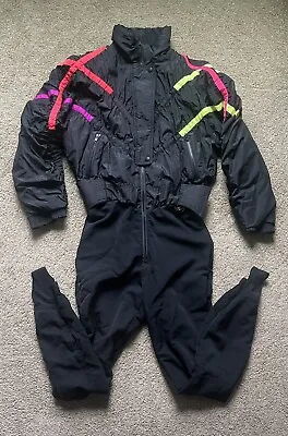 Vintage Women’s Obermeyer Sport Mountain Retro Ski Suit Sz 10 Black Neon Stripes • $123.49