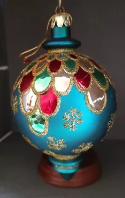 Vtg Santa's Best Blown Glass Teal Gold Glitter Jumbo TEARDROP Christmas Ornament • $35.25