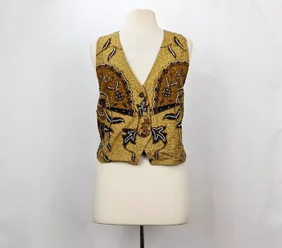 Vintage 90s Vest Brown Black Floral Beaded Embellished Misses Size M • $29.95