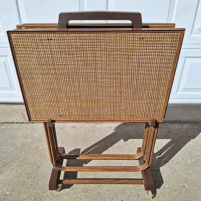 MCM Faux Wicker Rattan Wood Brown TV Trays Set Of 4 With Stand Retro VTG EUC • $175