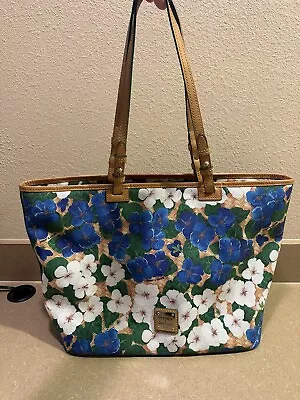 Dooney & Bourke Pansy Pansies Floral Flower Large PVC Tote Bag Blue White RARE! • $89.99